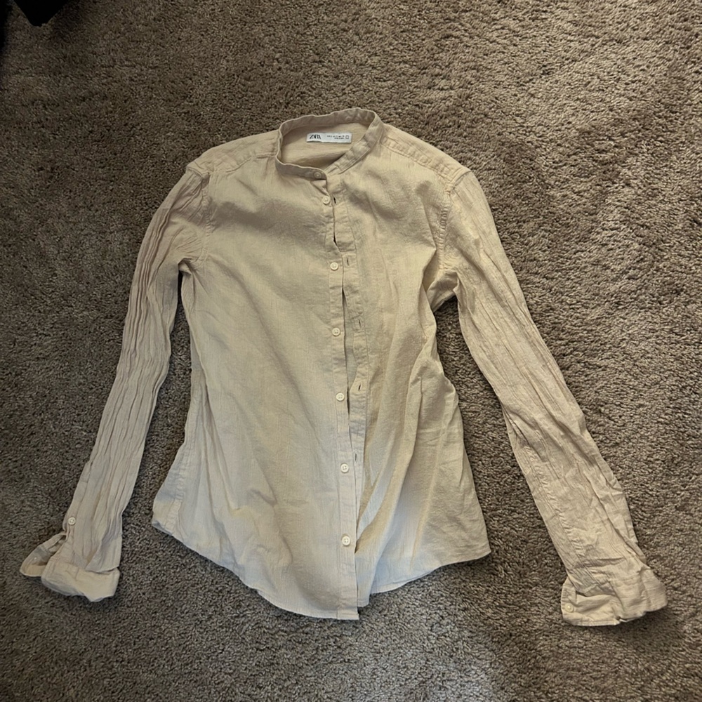 Zara Beige Textured Collarless Button Shirt